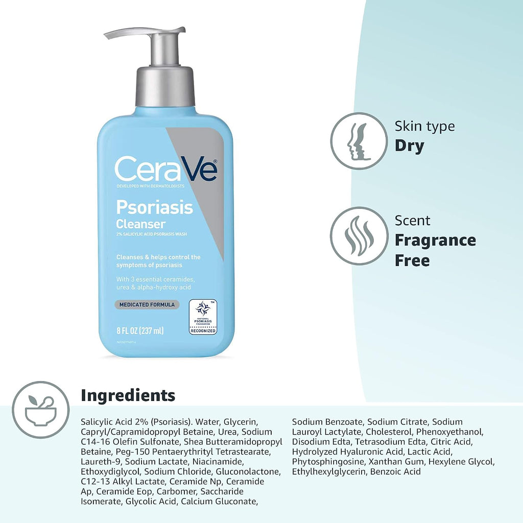 CeraVe Psoriasis Cleanser with Salicylic Acid and Lactic Acid. 8oz | Helps Relieve Dry Skin Itch and Gently Exfoliate with Salicylic Acid & Lactic Acid. Fragrance-Free. Allergy-Tested Body Wash