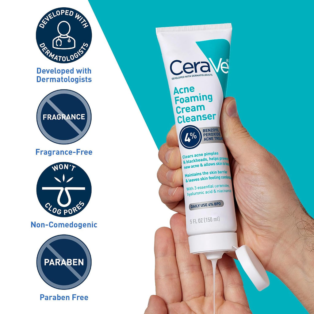 CeraVe Foaming Acne Cream Cleanser. Face Wash with 4% Benzoyl Peroxide. 5oz | Skin Care. Hyaluronic Acid. Niacinamide. Facial Cleanser. Acne Treatment For Face. Face Care. Gentle Cleanser. Ceramides
