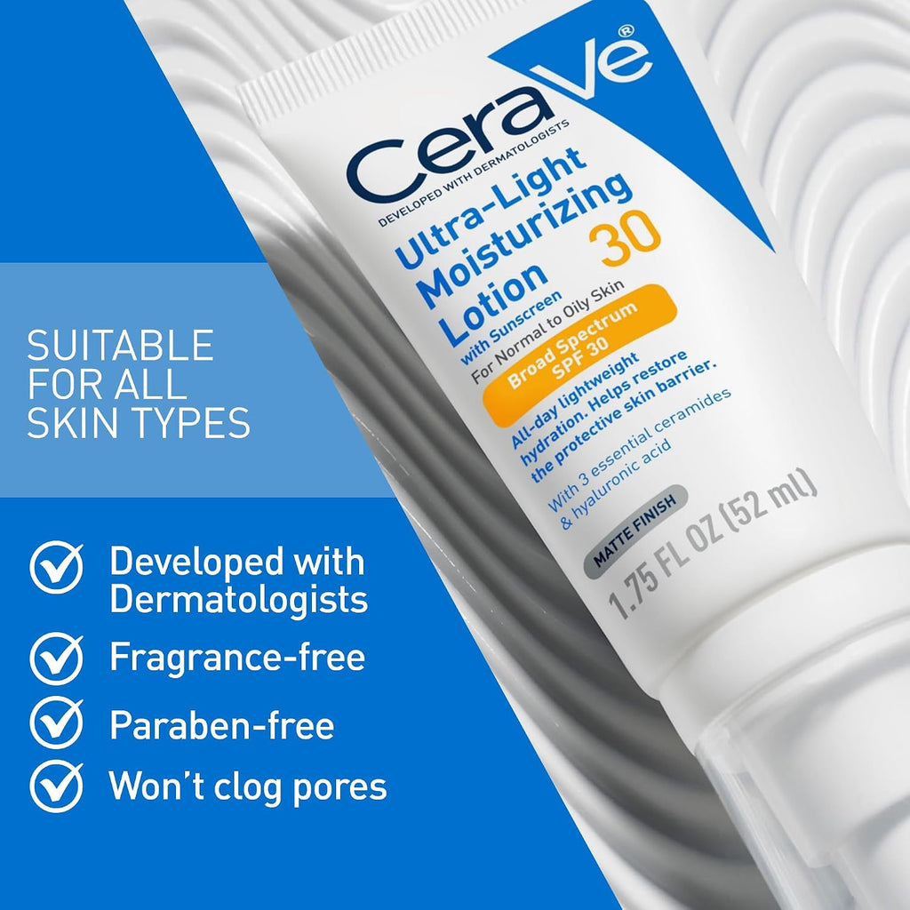 CeraVe Ultra-Light Moisturizing Lotion SPF 30. Sunscreen for Face. 1.7oz | Skin Care. Face Moisturizer. Hyaluronic Acid. Sunscreen Lotion. Facial Moisturizer. Oil Free. Matte Finish. Ceramides