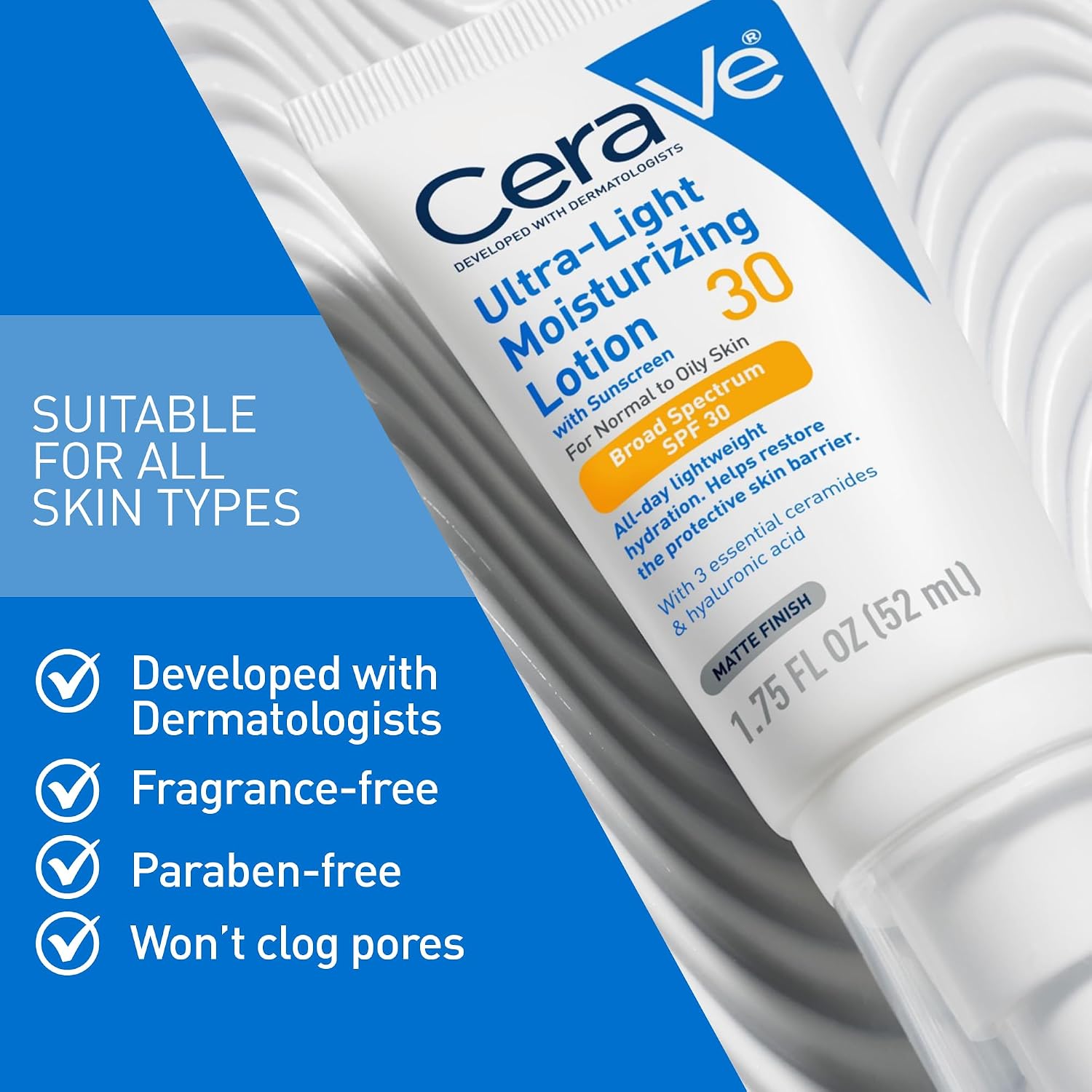 CeraVe Ultra-Light Moisturizing Lotion SPF 30. Sunscreen for Face. 1.7oz | Skin Care. Face Moisturizer. Hyaluronic Acid. Sunscreen Lotion. Facial Moisturizer. Oil Free. Matte Finish. Ceramides