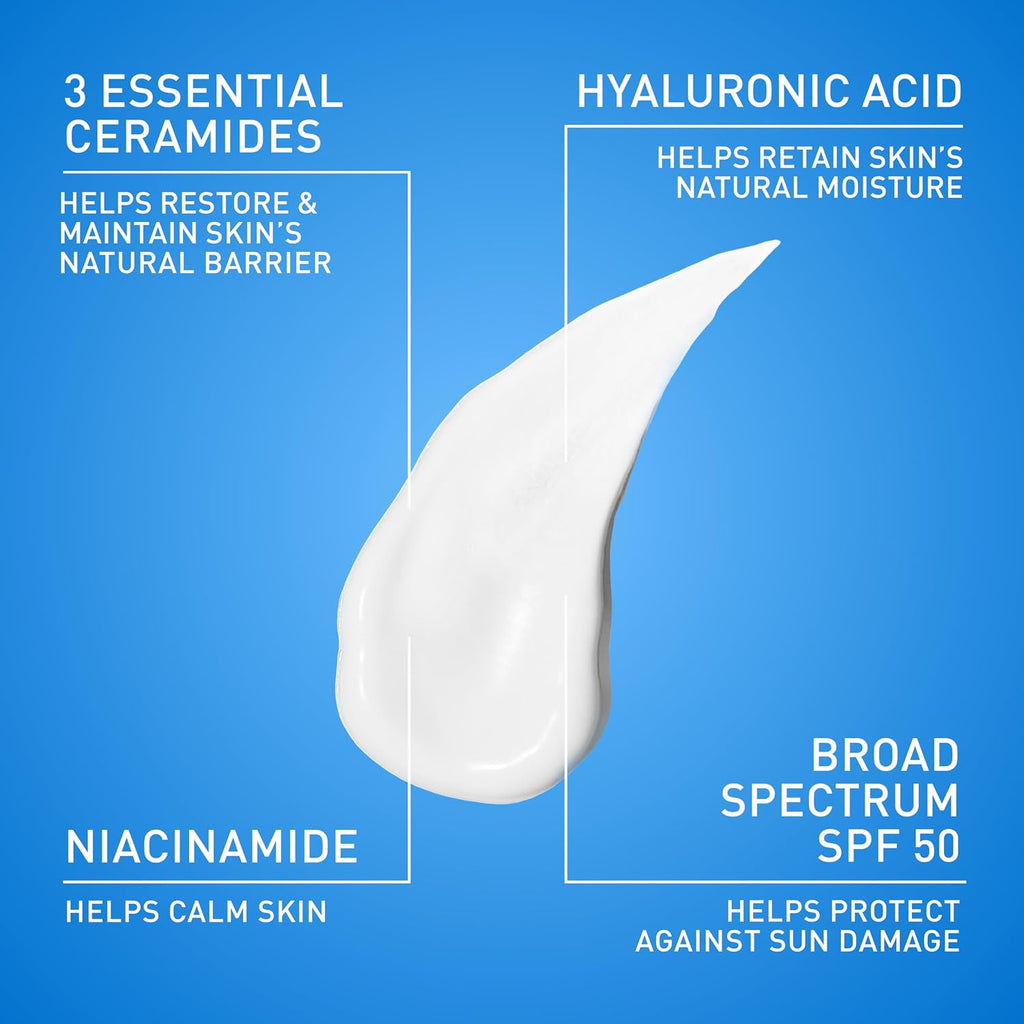 CeraVe AM Facial Moisturizing Lotion SPF 50. Face Moisturizer with SPF. 3oz | Travel Size Skin Care. Hyaluronic Acid and Niacinamide That Blends with No White Cast. Non-Greasy & Non-Comedogenic