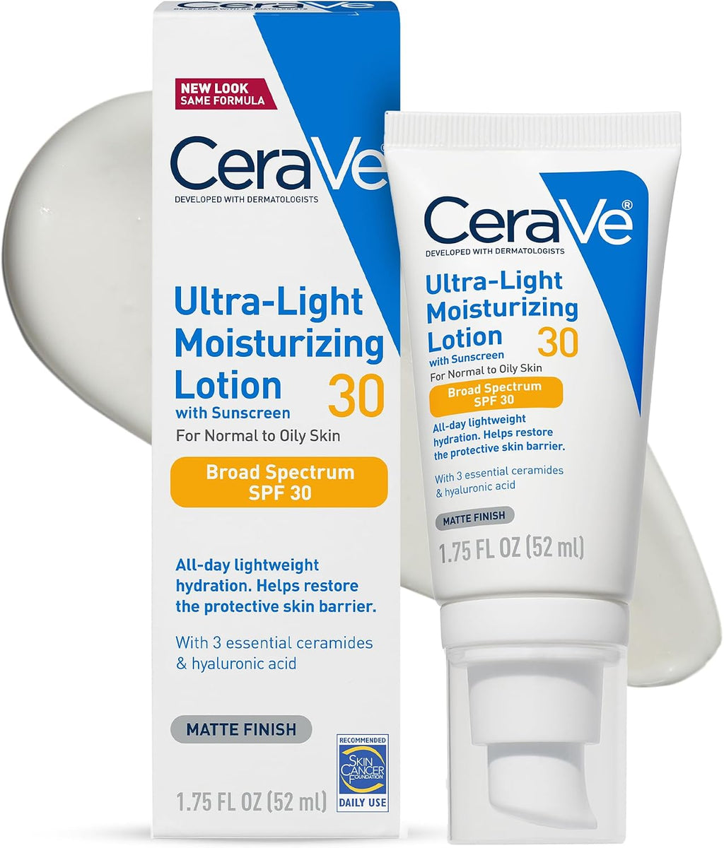 CeraVe Ultra-Light Moisturizing Lotion SPF 30. Sunscreen for Face. 1.7oz | Skin Care. Face Moisturizer. Hyaluronic Acid. Sunscreen Lotion. Facial Moisturizer. Oil Free. Matte Finish. Ceramides