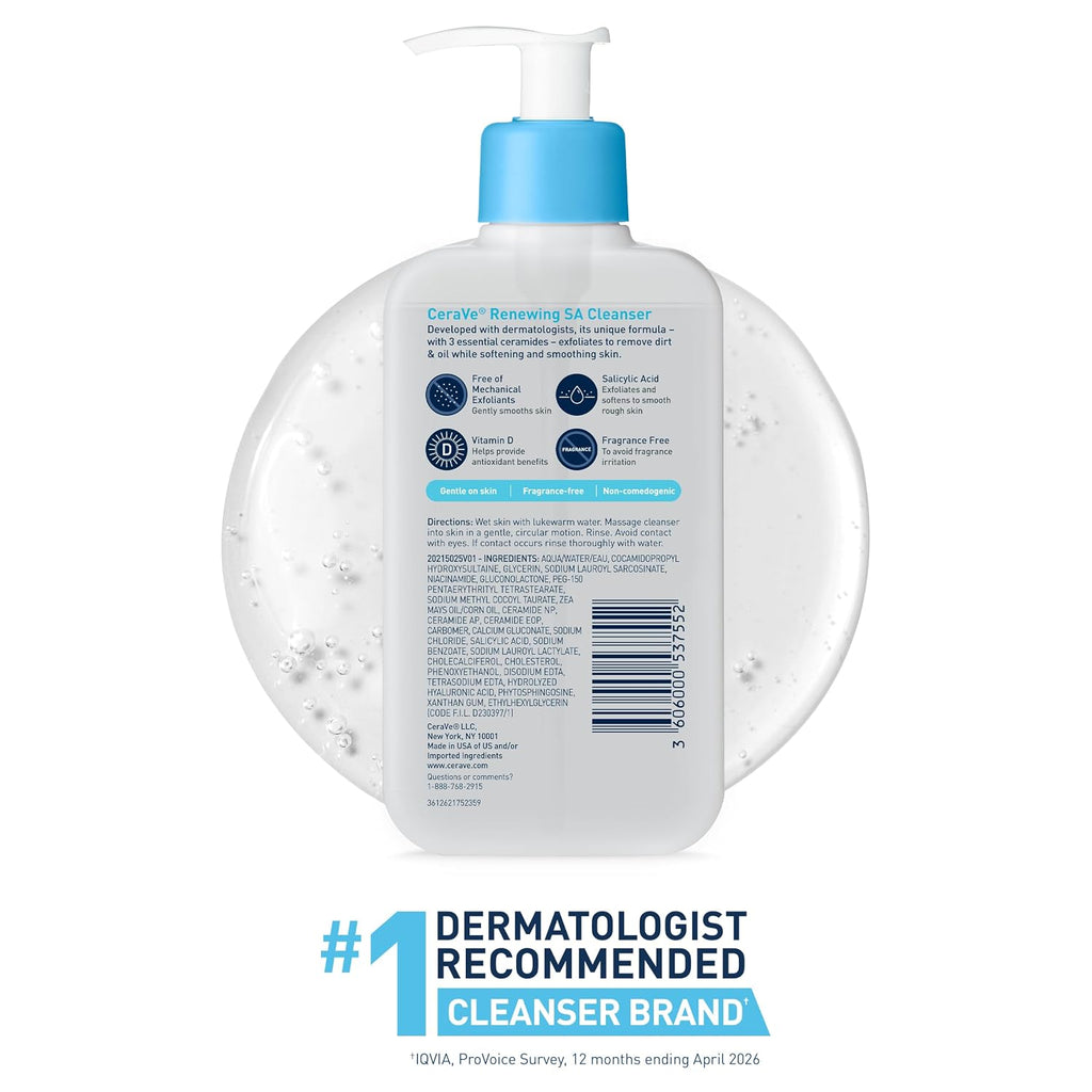 CeraVe Renewing Salicylic Acid Cleanser. BHA Exfoliating Face Wash. 16oz | Skin Care with Hyaluronic Acid & Niacinamide. Facial Cleanser. Face Cleanser. Ceramides. Fragrance Free. Non-Comedogenic