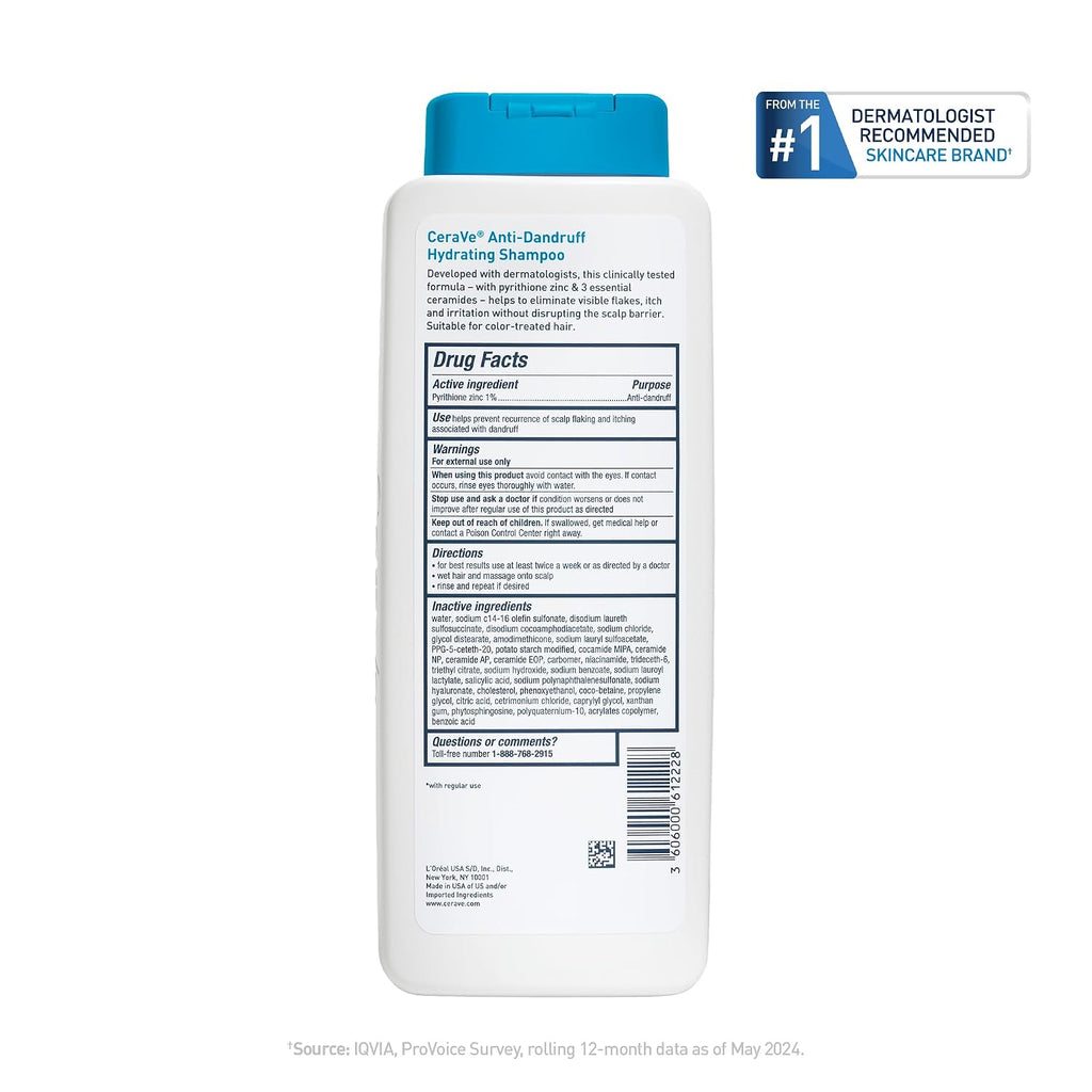 CeraVe Hydrating Anti Dandruff Shampoo. 1% Pyrithione Zinc Dandruff Treatment With Ceramides. Niacinamide. Hyaluronic Acid. Eliminate Flake.Provides Itchy Scalp Relief. Sulfate-Free. 12 Oz (Pack of 2)