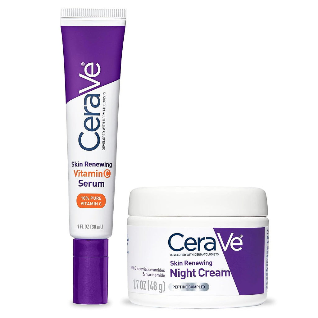 CeraVe Vitamin C Serum and Night Cream Skin Care Set. Travel Essentials | Brightens with Vitamin C Serum and Hydrates with Night Cream with Hyaluronic Acid and Peptides In a Travel Skin Care Set