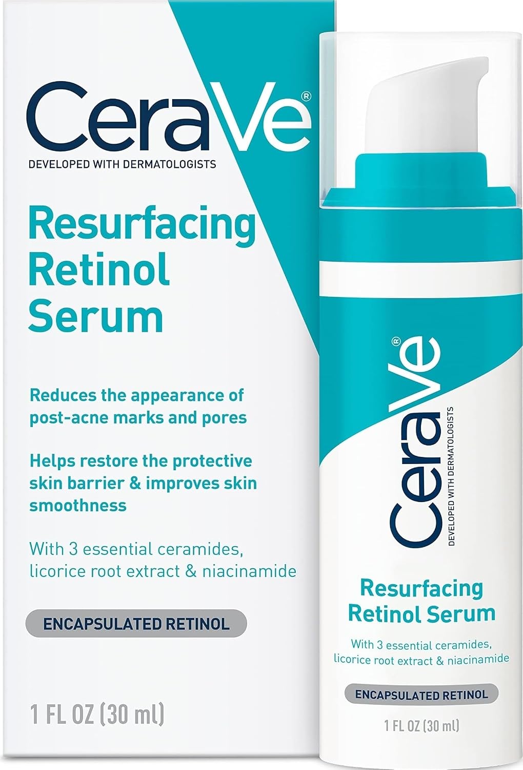 CeraVe Resurfacing Retinol Face Serum with Niacinamide. Pore Minimizer. 1oz | Skin Care Brightening Serum with Licorice Root. Acne Scar & Hyperpigmentation Treatment. Dark Spot Corrector. Skin Repair