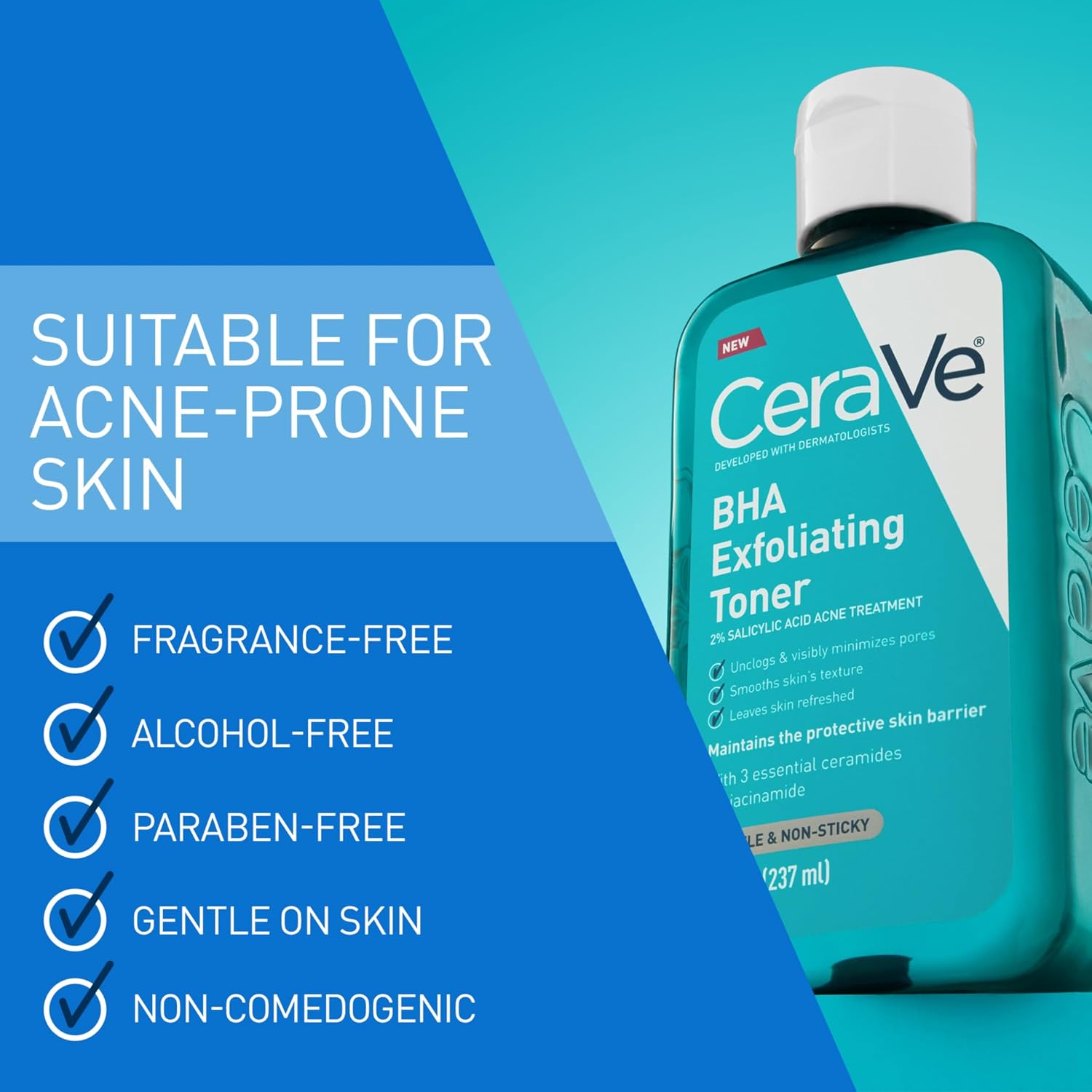 CeraVe BHA Exfoliating Facial Toner with Salicylic Acid & Niacinamide. 8oz | Hyaluronic Acid Skin Care Formula Acts As A Pore Minimizer For Face To Visibly Clear Blackheads and Smooth Texture