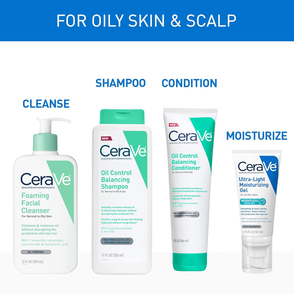 CeraVe Oil Control Conditioner with Hyaluronic Acid for Oily Scalp. 9 Oz | Sulfate-Free Conditioner For Oily Hair with Ceramides Delivers Lightweight Hydration To Ends without Weighing Hair Down
