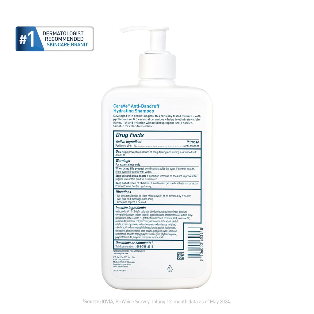 CeraVe Hydrating Anti Dandruff Shampoo. Itchy Scalp Treatment. 19oz | Helps Eliminate Flakes with 1% Pyrithione Zinc. Hyaluronic Acid. Niacinamide and Ceramides In A Sulfate Free Formula