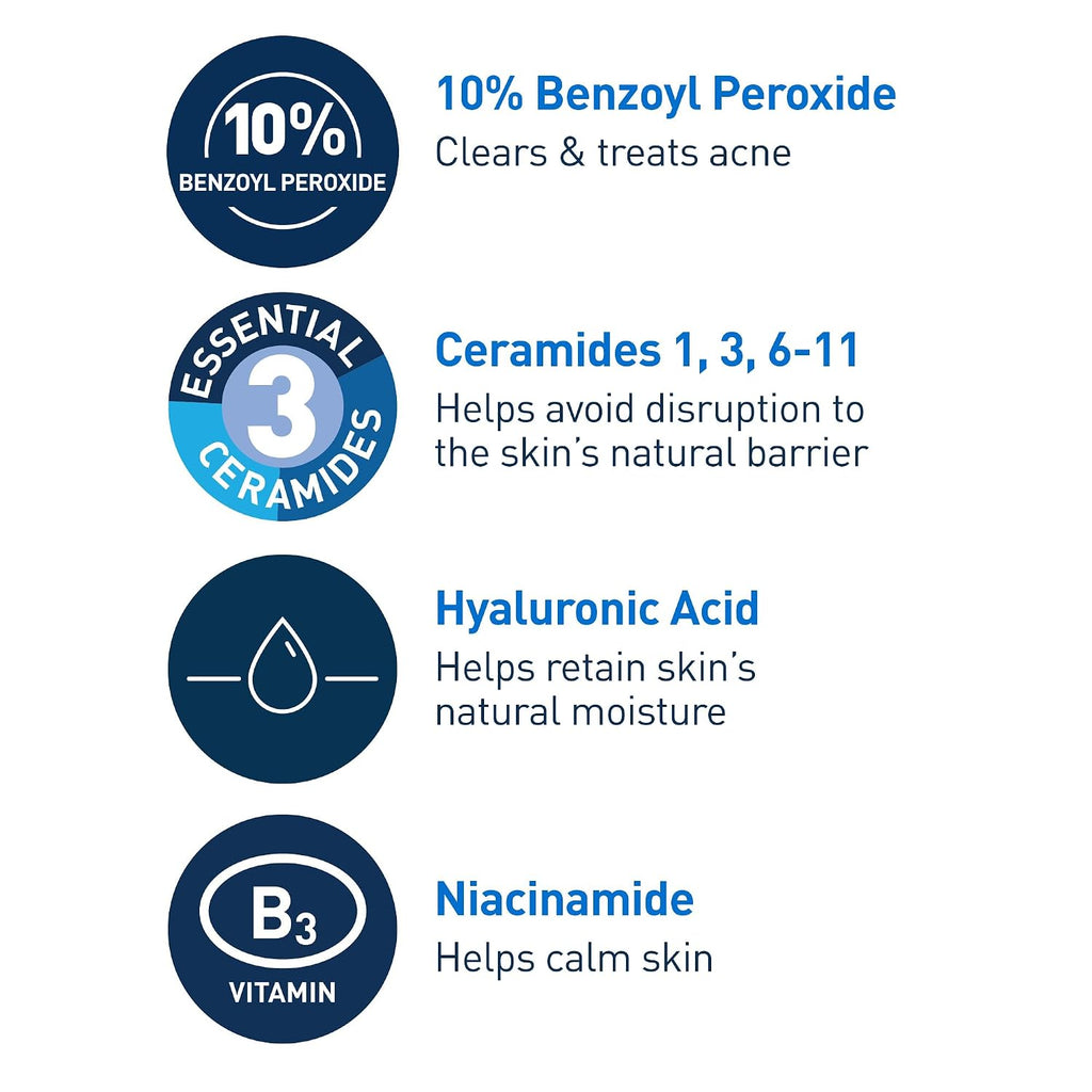 CeraVe Acne Foaming Cream Wash. 10% Benzoyl Peroxide Facial Cleanser. 5oz | 10% Benzoyl Peroxide Cleanser with Hyaluronic Acid and Niacinamide Clears Pimples and Acts As A Blackhead Remover