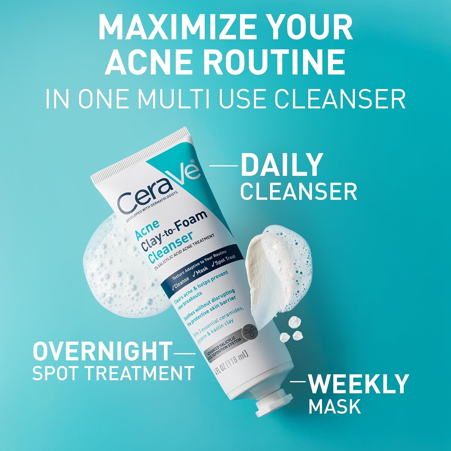 CeraVe Clay To Foam Acne Face Wash.Salicylic Acid & Kaolin Clay Acne Spot Treatment Clears Pimples & Blackheads. Prevents Breakouts. Hydrates & Soothes. Fragrance-Free. Non-Comedogenic.4oz.(Pack of 2)