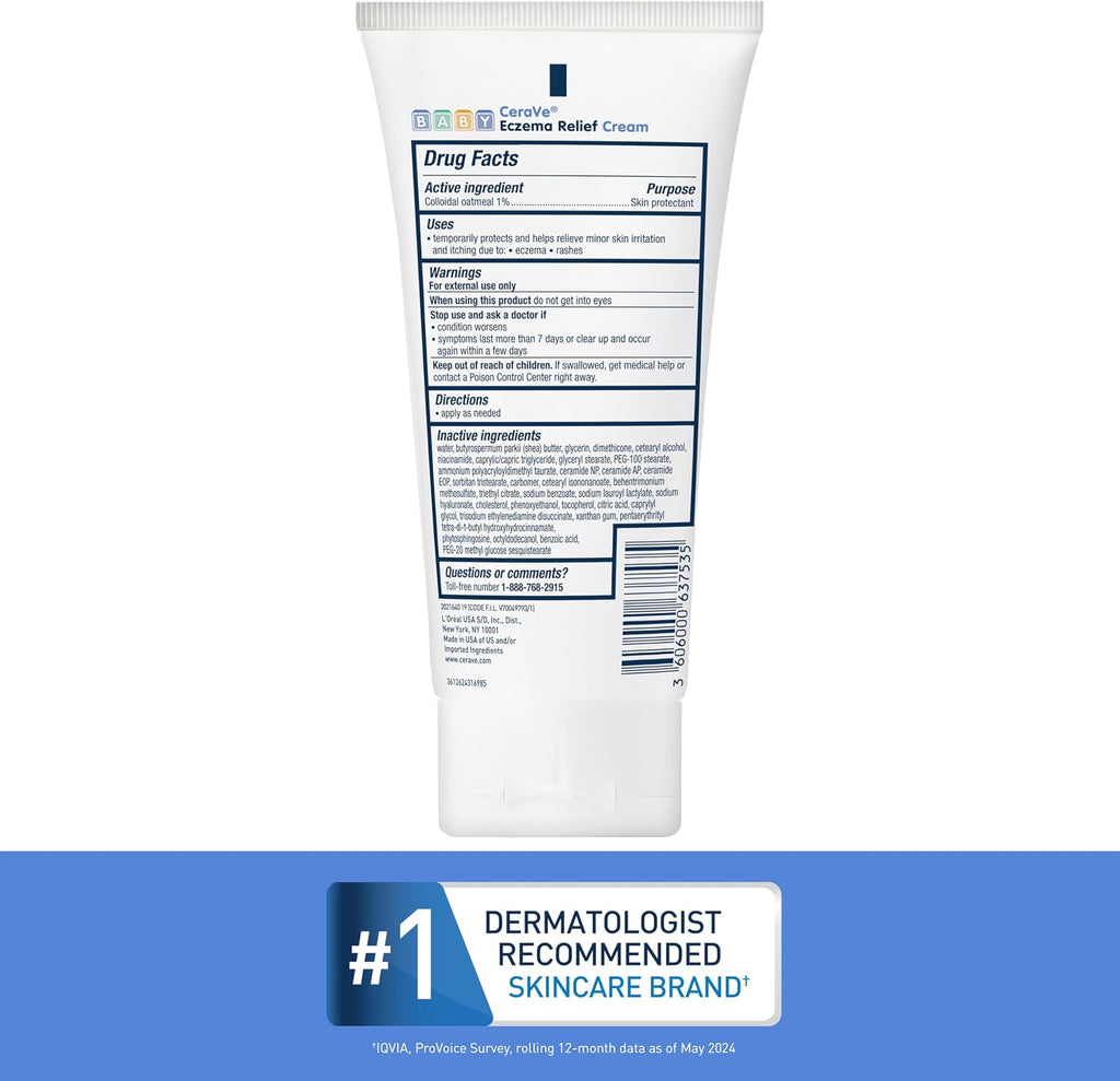 CeraVe Baby Eczema Relief Cream.1% Colloidal Oatmeal Cream with Vitamin E & Ceramides.Soothes & Calms Itchy Skin.Developed with Pediatric Dermatologist.Fragrance Free.5oz.(Pack of 2)