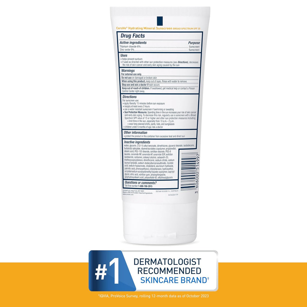 CeraVe Hydrating Mineral Sunscreen SPF 30 with Hyaluronic Acid. 5oz | Face Sunscreen with Zinc Oxide. Titanium Dioxide. Hyaluronic Acid. & Niacinamide For Broad Spectrum Protection