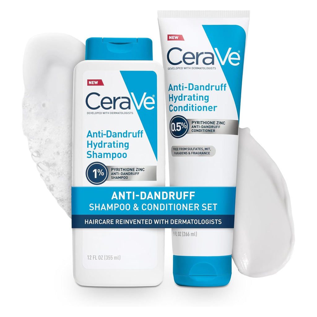 CeraVe Hydrating Anti Dandruff Shampoo and Conditioner Set. Pyrithione Zinc Dandruff Treatment With Ceramides. Hyaluronic Acid & Niacinamide. Helps Elimanate Flakes & Reduce Itchy Scalp