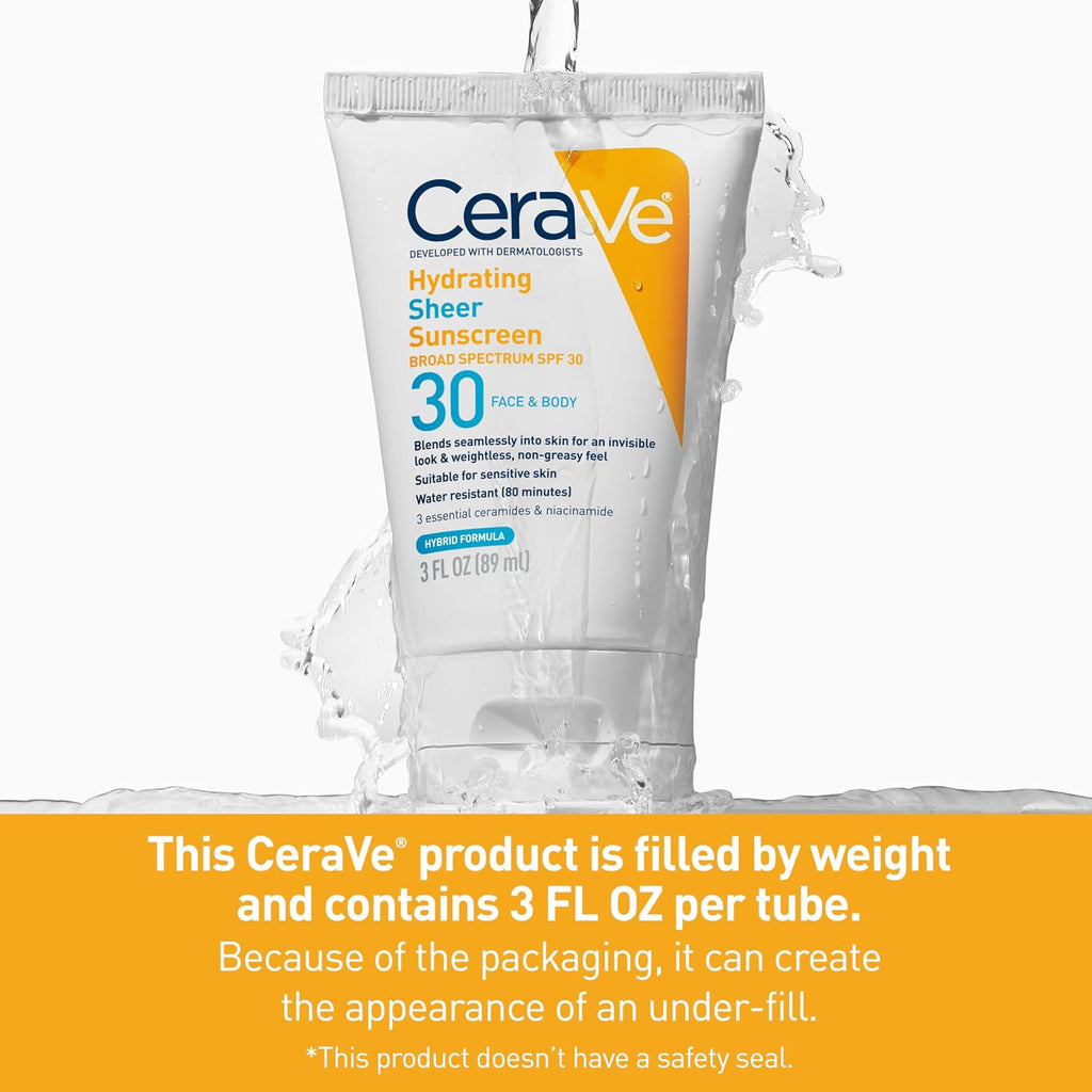CeraVe Hydrating Sheer Sunscreen SPF 30 with Hyaluronic Acid. 3oz | Mineral and Chemical Sunscreen For Face and Body with Zinc Oxide & Ceramides. Fragrance-Free & Paraben-Free