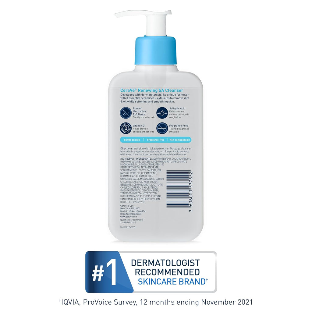 CeraVe Renewing Salicylic Acid Cleanser. BHA Exfoliating Face Wash. 8oz | Skin Care with Hyaluronic Acid & Niacinamide. Facial Cleanser. Face Cleanser. Ceramides. Fragrance Free. Non-Comedogenic