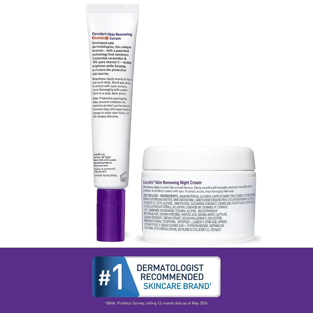 CeraVe Vitamin C Serum and Night Cream Skin Care Set. Travel Essentials | Brightens with Vitamin C Serum and Hydrates with Night Cream with Hyaluronic Acid and Peptides In a Travel Skin Care Set