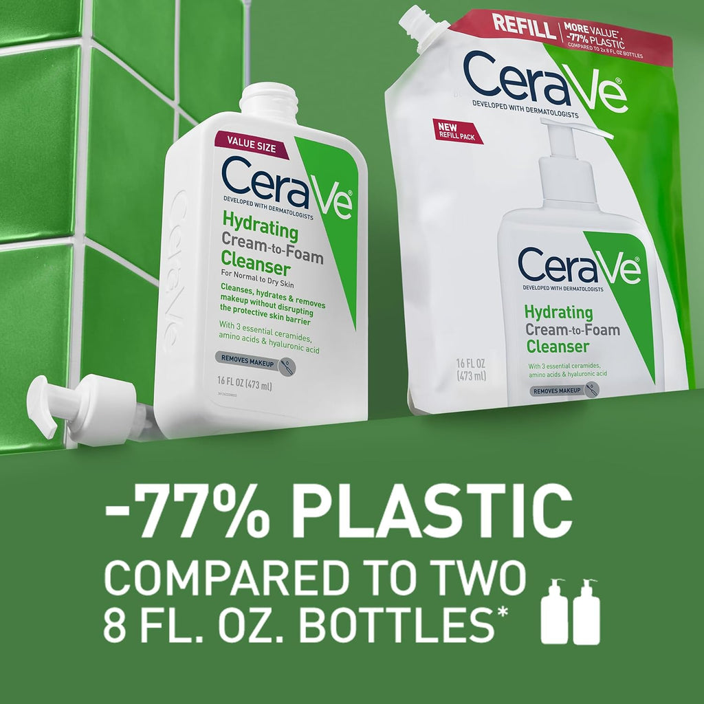 CeraVe Hydrating Cream To Foam Cleanser. Face Wash for Dry Skin.16oz Refill | Removes Makeup with Hyaluronic Acid In A Fragrance Free. Non-Comedogenic Formula For Normal To Dry Skin