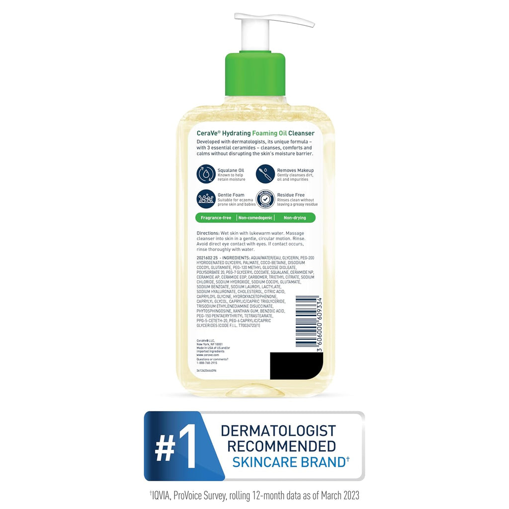 CeraVe Hydrating Foaming Oil Cleanser.Moisturizing Oil Cleanser for Face & Body.Squalane-Oil + Hyaluronic Acid + Ceramides.For Dry to Very Dry Skin.Fragrance Free & Residue Free.19 FL Oz.(Pack of 2)