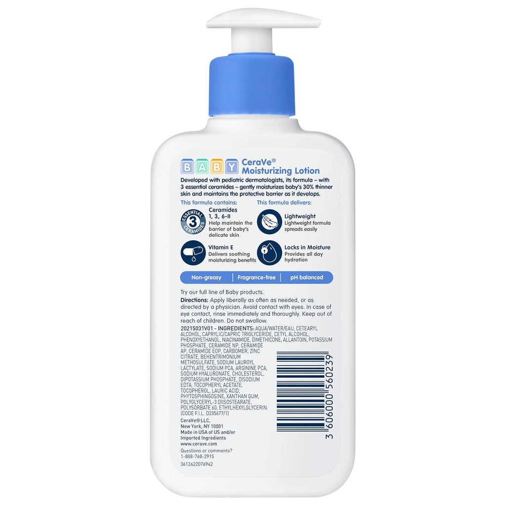 CeraVe Baby Lotion. Baby Skin Moisturizer with Vitamin E & Niacinamide. 8oz | Gently Hydrates Delicate Skin with A Non-Greasy Feel. Free Of Fragrance. Dyes. Paraben & Phthalates