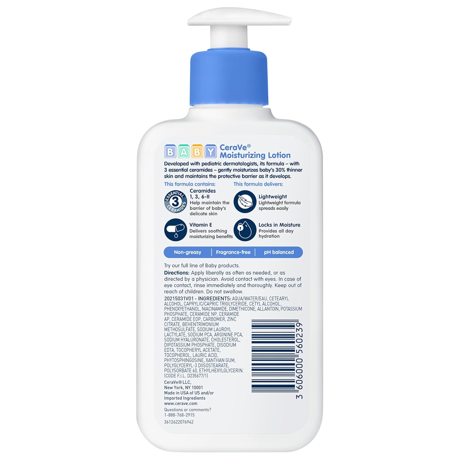CeraVe Baby Lotion. Baby Skin Moisturizer with Vitamin E & Niacinamide. 8oz | Gently Hydrates Delicate Skin with A Non-Greasy Feel. Free Of Fragrance. Dyes. Paraben & Phthalates