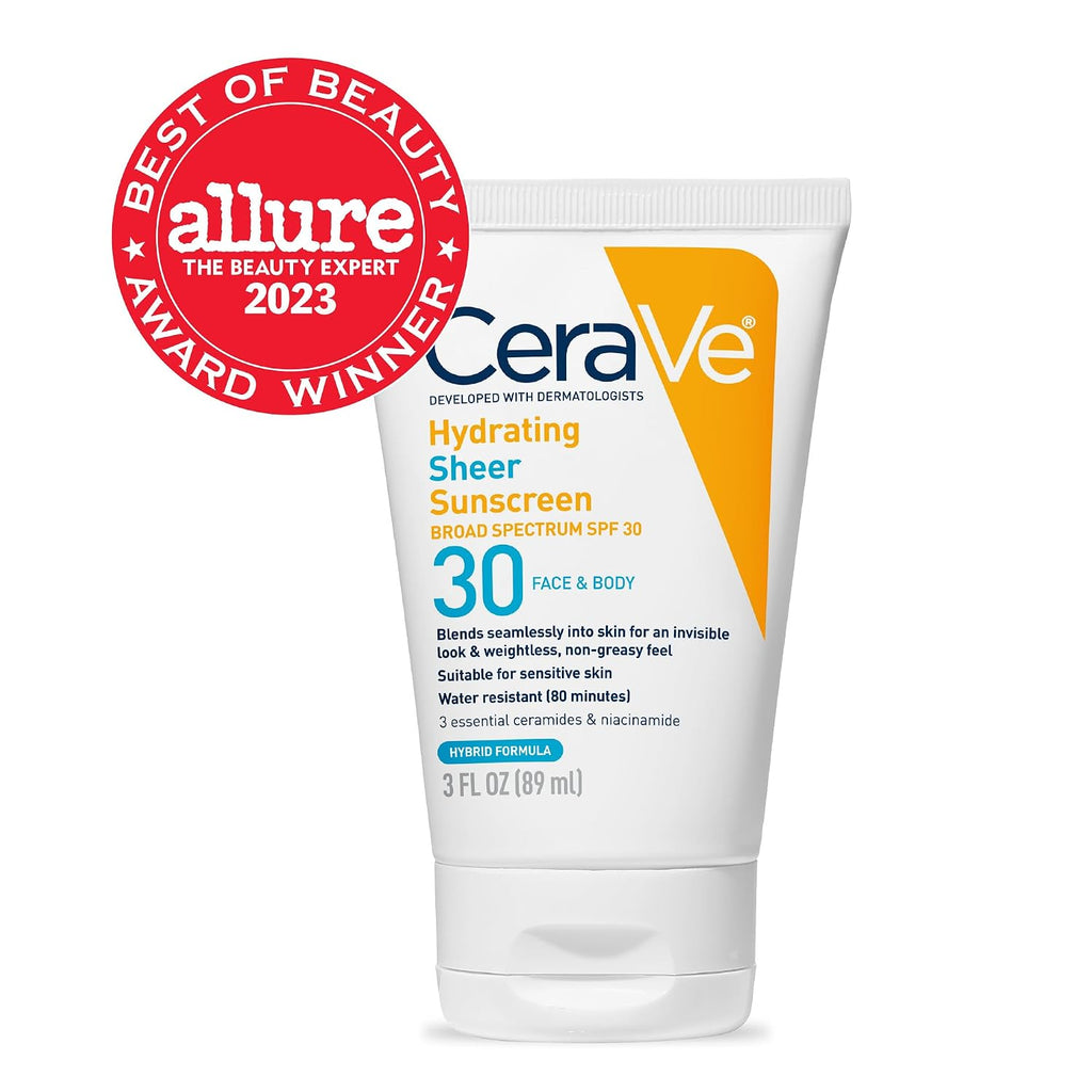 CeraVe Hydrating Sheer Sunscreen SPF 30 with Hyaluronic Acid. 3oz | Mineral and Chemical Sunscreen For Face and Body with Zinc Oxide & Ceramides. Fragrance-Free & Paraben-Free