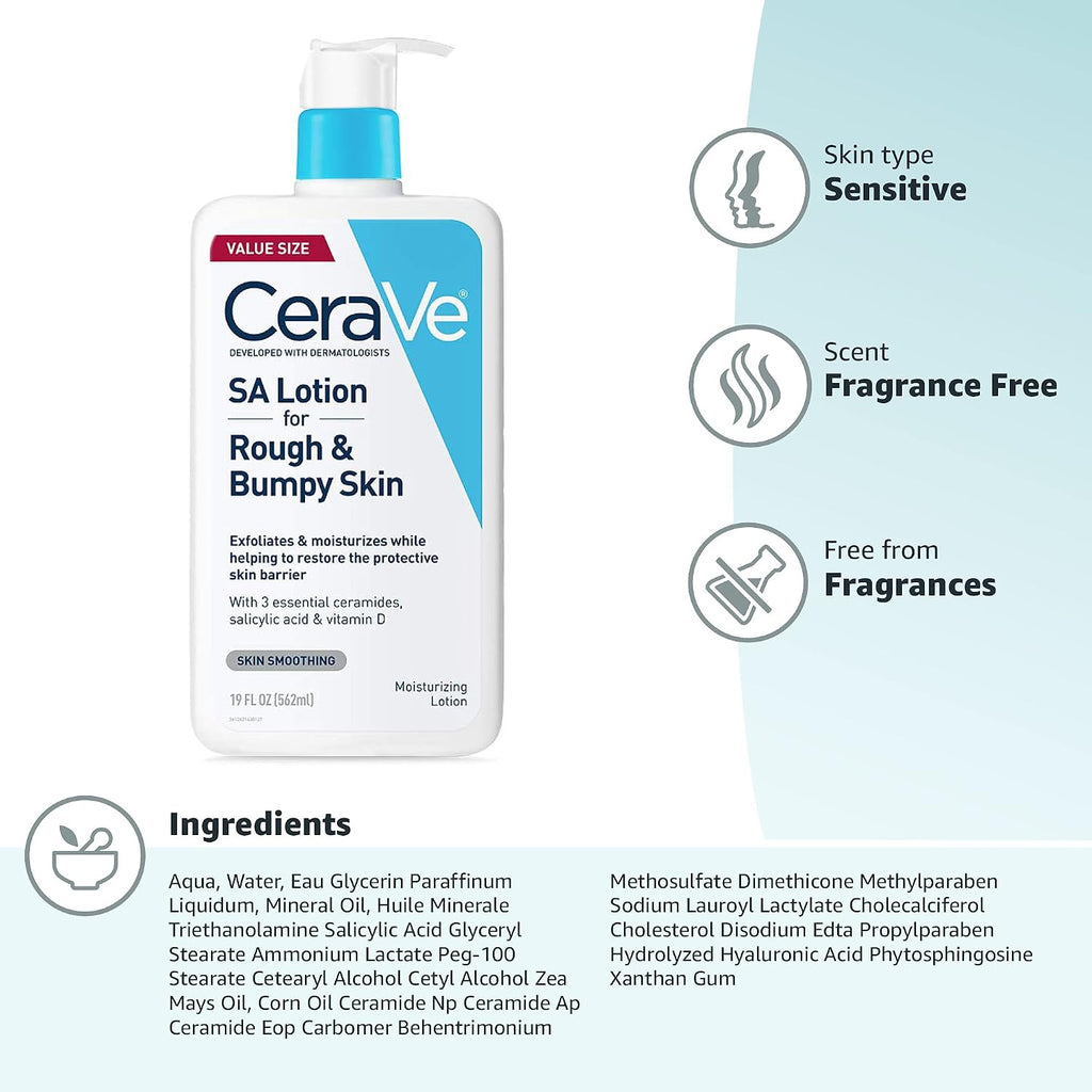 CeraVe SA Lotion for Rough & Bumpy Skin.Vitamin D.Hyaluronic Acid.Lactic Acid.Niacinamide & Salicylic-Acid.Gentle Exfoliating Rough And Bumpy Skin Lotion.19 Ounce.(Pack of 2)