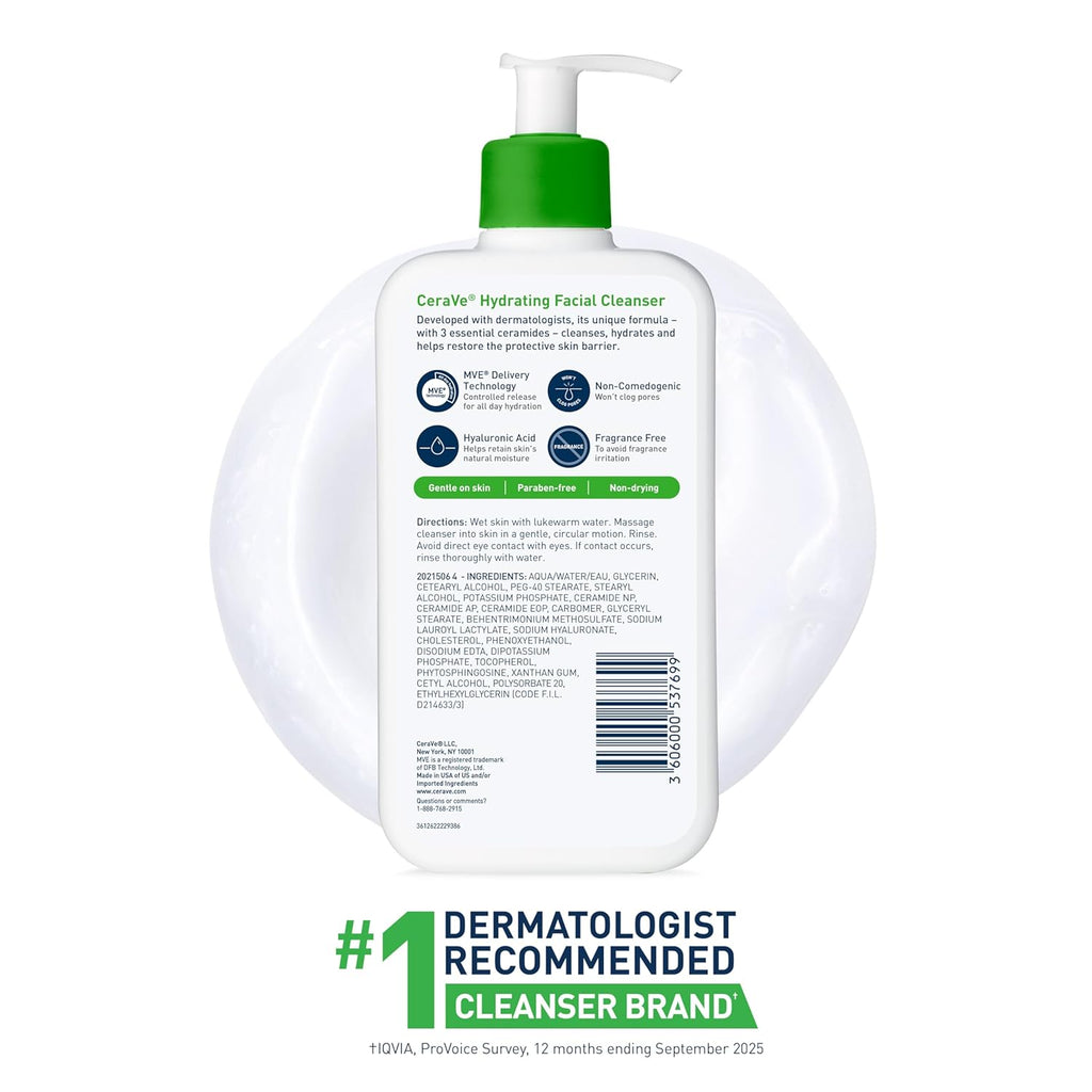 CeraVe Hydrating Cleanser with Hyaluronic Acid. Face Wash for Dry Skin.19oz | Skin Care For Men and Women. Daily Cleanser & Makeup Remover with Glycerin & Ceramides. National Eczema Association Certified
