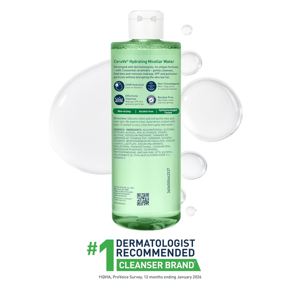 CeraVe Hydrating Micellar Water. Facial Cleanser & Makeup Remover. 13oz | Removes Makeup and Hydrates For 24h with Hyaluronic Acid and Ceramides. Alcohol-Free and Fragrance-Free For Sensitive Skin