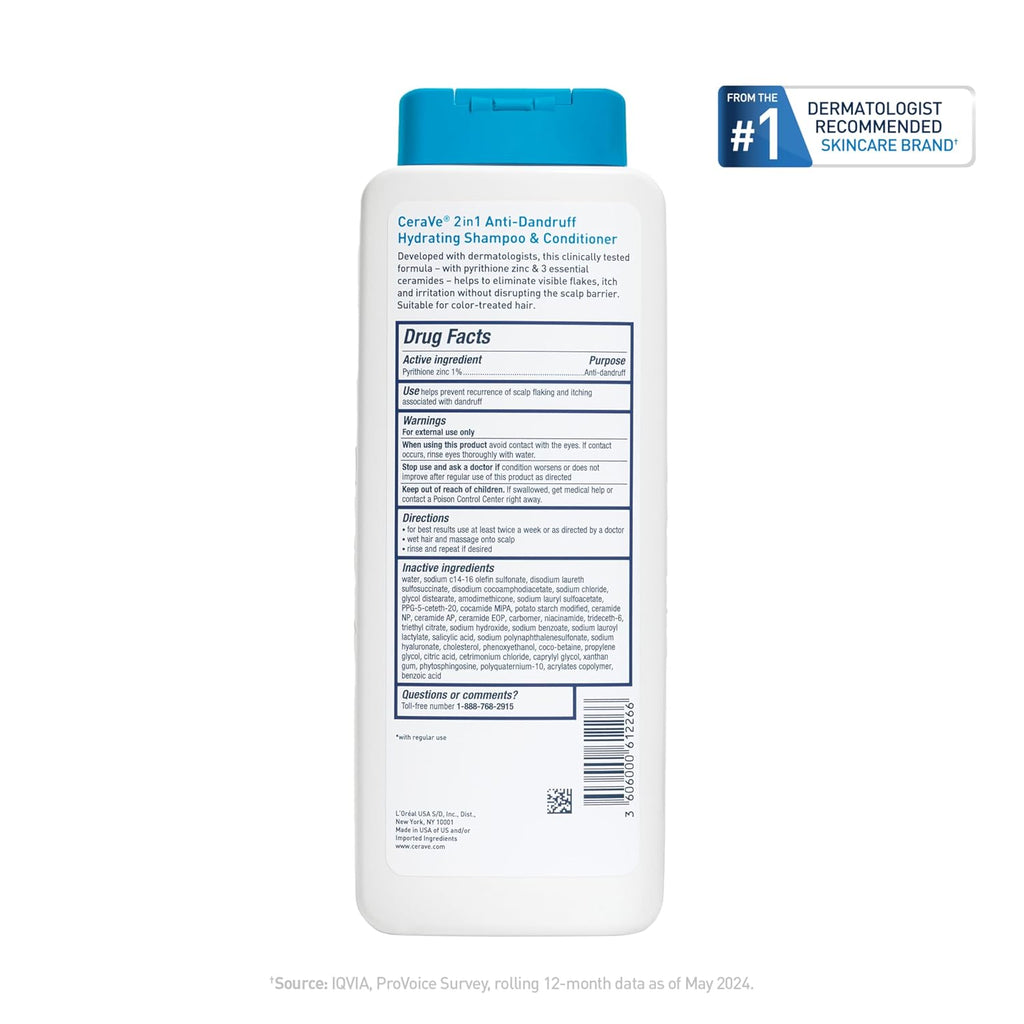 CeraVe 2 In 1 Hydrating Anti Dandruff Shampoo And Conditioner. 12 Fl Oz | 1% Pyrithione Zinc Dandruff Treatment Helps Eliminate Flakes and Relieve Itchy Scalp In A Sulfate-Free. Color-Safe Formula