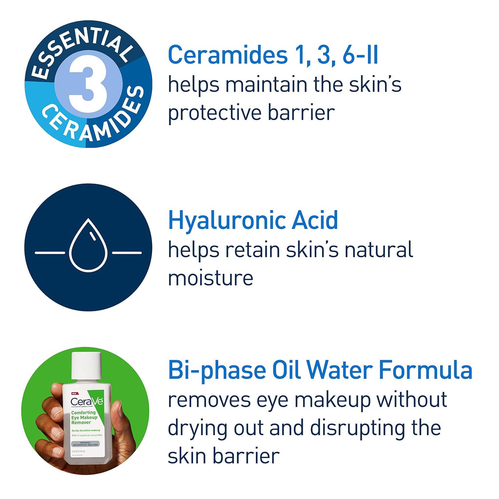 CeraVe Eye Makeup Remover. Hyaluronic Acid Gentle Waterproof Formula. 4 Oz | Gentle. Non-Greasy Skin Care Formula with Ceramides Removes Waterproof Mascara. Ideal Makeup Remover For Sensitive Skin