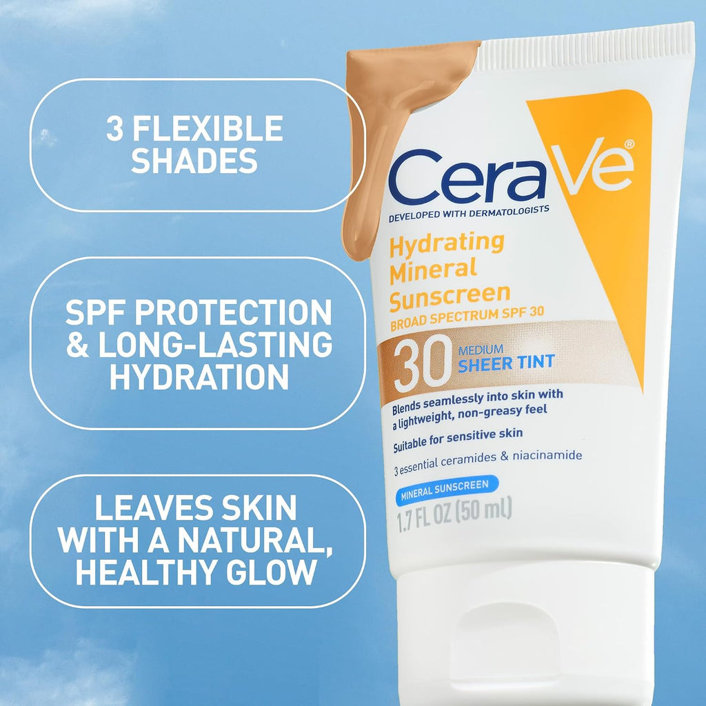 CeraVe Tinted Sunscreen for Face. Mineral SPF 30 Moisturizer. Medium. 1.7oz | Skin Care. Face Sunscreen. Hyaluronic Acid. Zinc Oxide. Titanium Dioxide. Sheer Tint. Healthy Glow. Blends Seamlessly