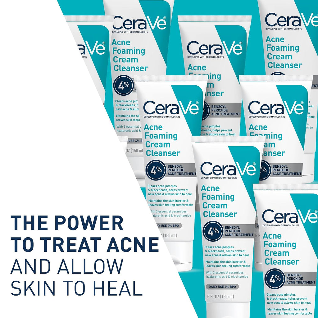 CeraVe Foaming Acne Cream Cleanser. Face Wash with 4% Benzoyl Peroxide. 5oz | Skin Care. Hyaluronic Acid. Niacinamide. Facial Cleanser. Acne Treatment For Face. Face Care. Gentle Cleanser. Ceramides