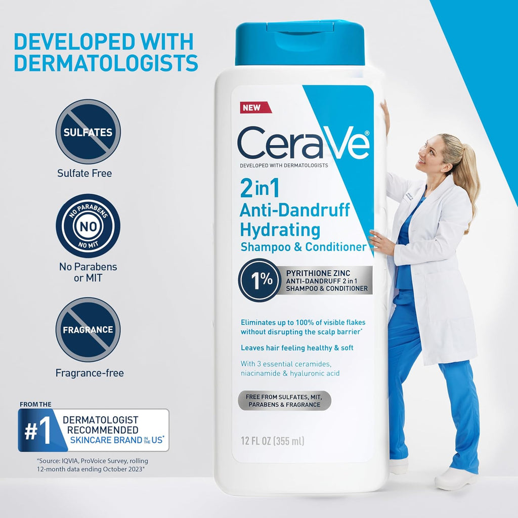 CeraVe 2 In 1 Hydrating Anti Dandruff Shampoo And Conditioner. 12 Fl Oz | 1% Pyrithione Zinc Dandruff Treatment Helps Eliminate Flakes and Relieve Itchy Scalp In A Sulfate-Free. Color-Safe Formula