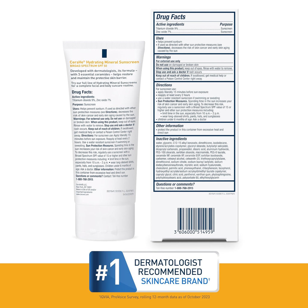 CeraVe Hydrating Mineral Sunscreen SPF 50 Face Sunscreen. Travel Size 2.5oz | Face Sunscreen with Zinc Oxide. Titanium Dioxide. Hyaluronic Acid. & Niacinamide For Broad Spectrum Protection