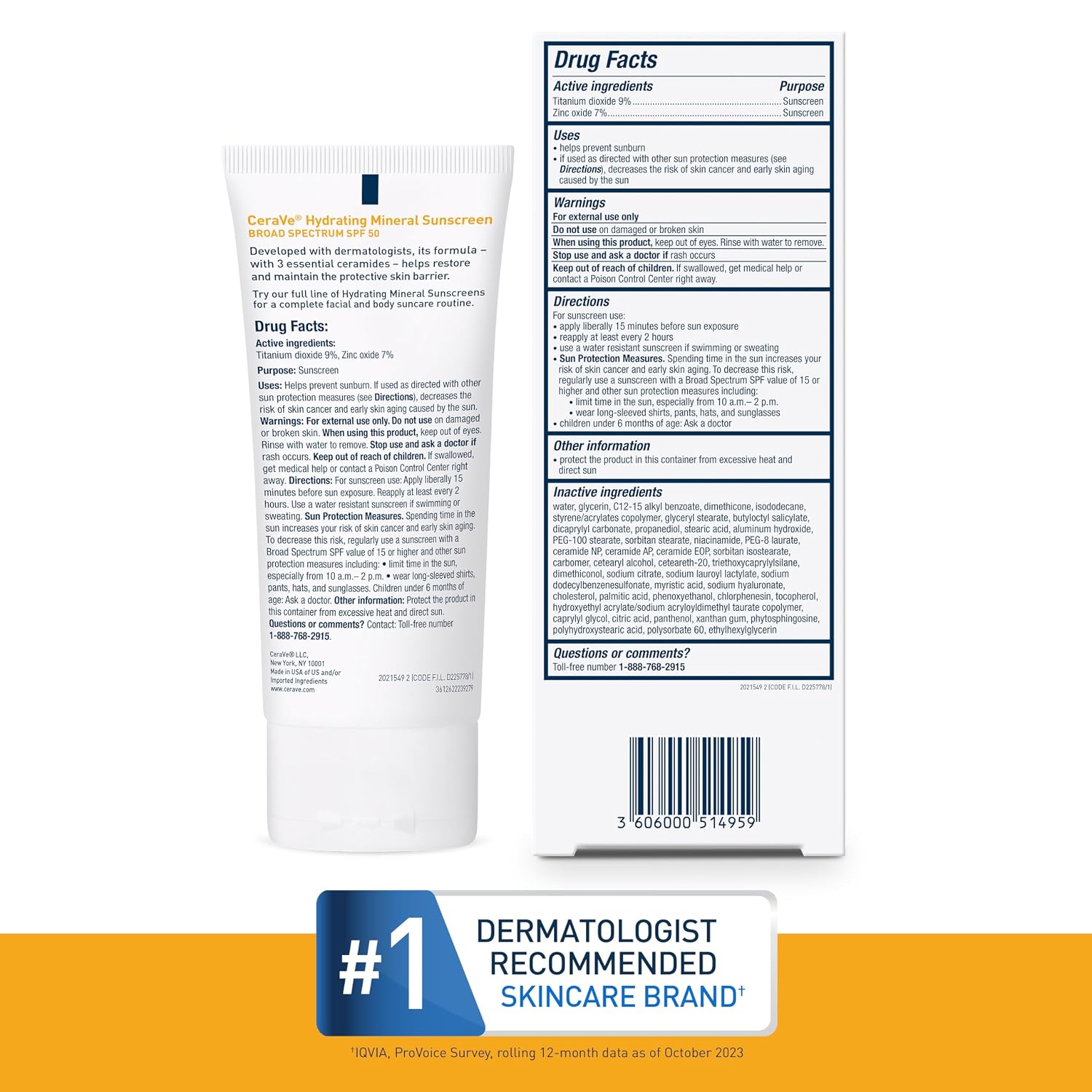 CeraVe Hydrating Mineral Sunscreen SPF 50 Face Sunscreen. Travel Size 2.5oz | Face Sunscreen with Zinc Oxide. Titanium Dioxide. Hyaluronic Acid. & Niacinamide For Broad Spectrum Protection