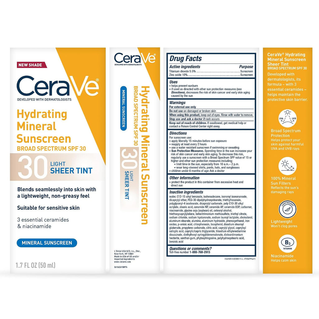 CeraVe Tinted Sunscreen for Face. Mineral SPF 30 Moisturizer. Light. 1.7oz | Skin Care. Face Sunscreen. Hyaluronic Acid. Zinc Oxide. Titanium Dioxide. Sheer Tint. Healthy Glow. Blends Seamlessly