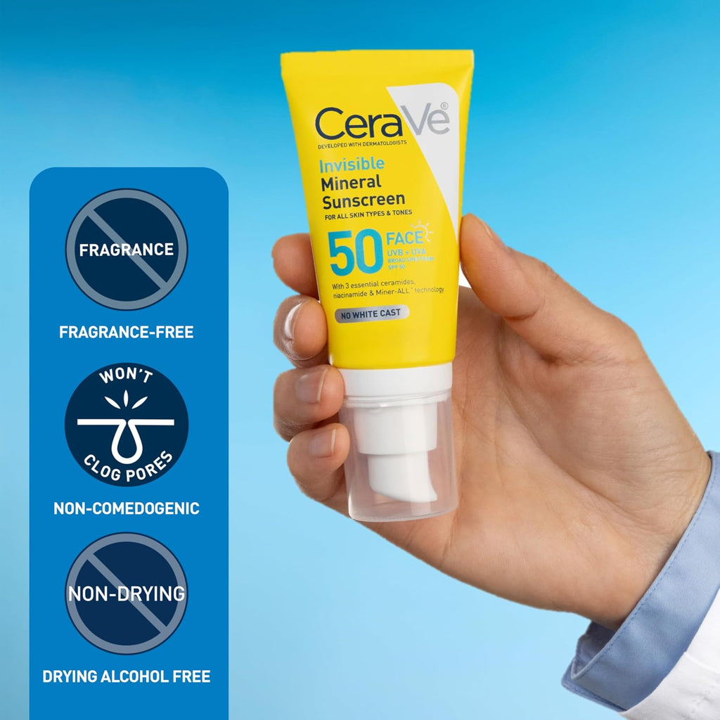CeraVe Invisible Mineral Sunscreen SPF 50 Face Sunscreen. 1.7oz | Skincare for Sun Protection. Travel Sunscreen with Zinc Oxide. Vitamin E & Niacinamide. Oil Free. Suitable for Sensitive Skin