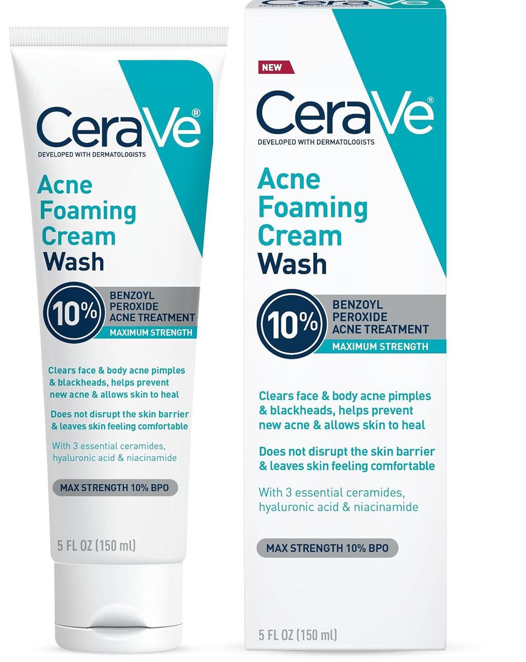 CeraVe Acne Foaming Cream Wash. 10% Benzoyl Peroxide Facial Cleanser. 5oz | 10% Benzoyl Peroxide Cleanser with Hyaluronic Acid and Niacinamide Clears Pimples and Acts As A Blackhead Remover