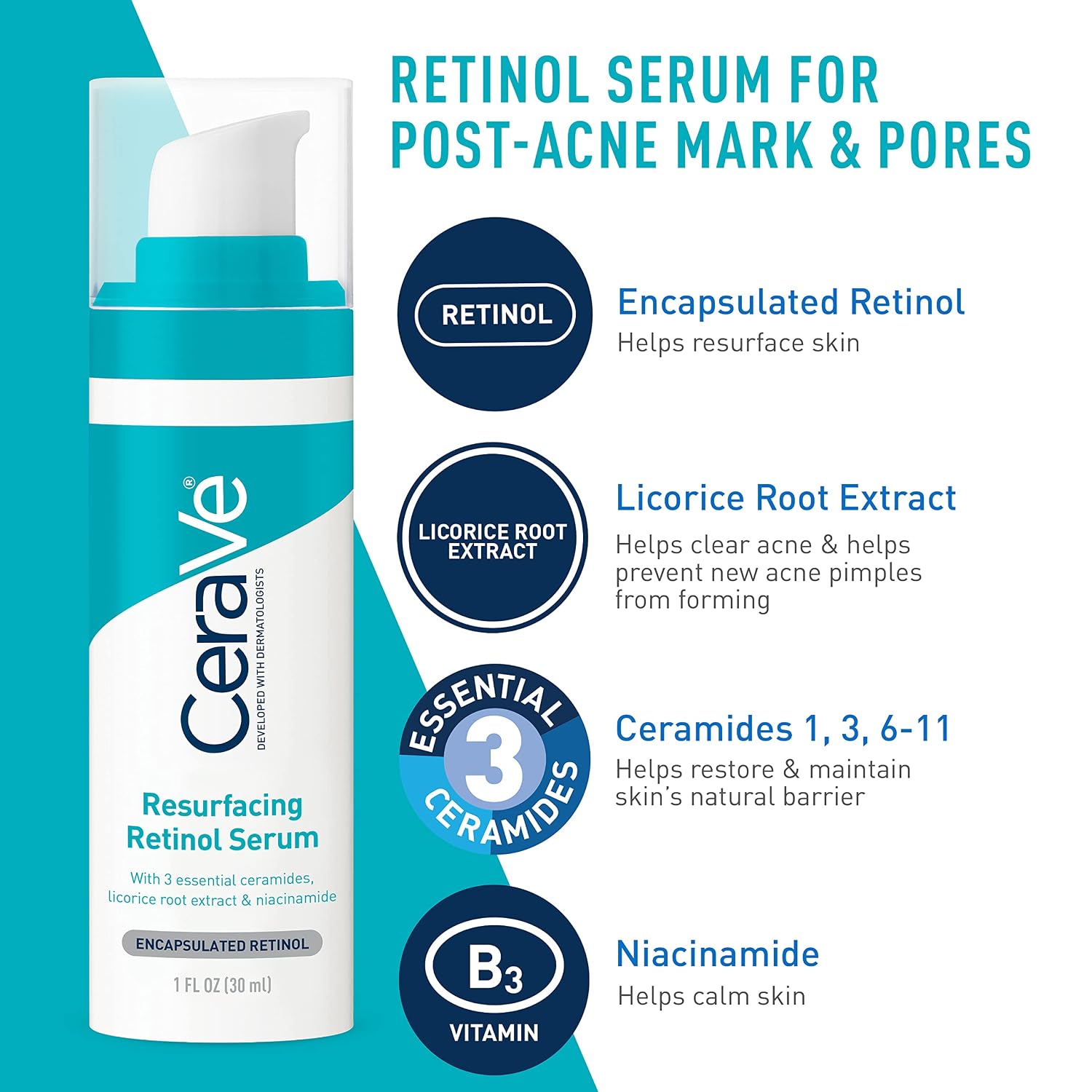 CeraVe Acne Skin Care Set. Foaming Cleanser + Retinol Serum + AM&PM Lotion | 5oz Acne Foaming Cream Cleanser + 1oz Resurfacing Retinol Serum + 2oz AM SPF 30 Lotion + 2oz PM Facial Moisturizing Lotion