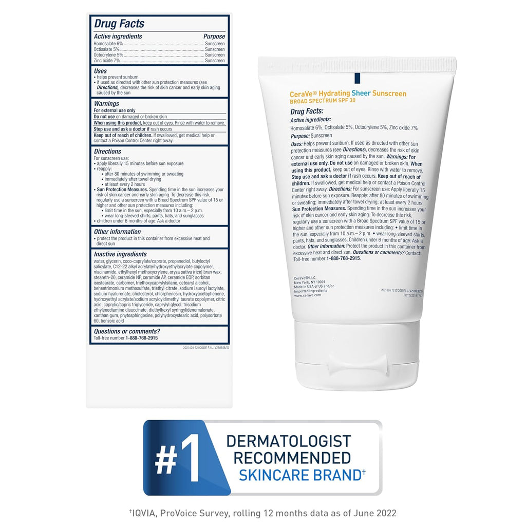 CeraVe Hydrating Sheer Sunscreen SPF 30 with Hyaluronic Acid. 3oz | Mineral and Chemical Sunscreen For Face and Body with Zinc Oxide & Ceramides. Fragrance-Free & Paraben-Free