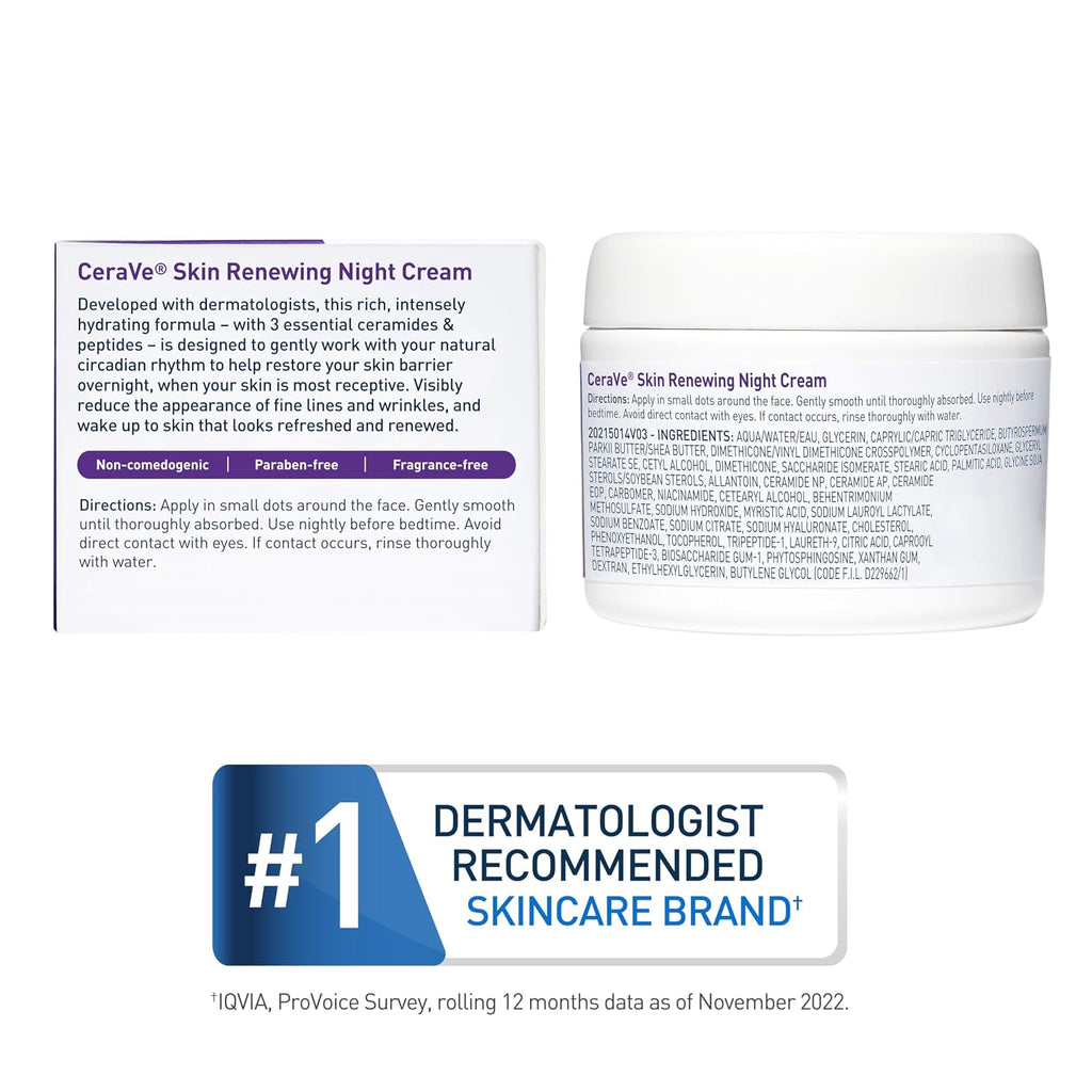 CeraVe Night Cream. Face Moisturizer. Skin Care for Dry Skin. 1.7oz | Skin Renewing Face Moisturizer with Hyaluronic Acid & Peptides. Night Cream For Men & Women. Anti-Aging Face Cream. Daily Use