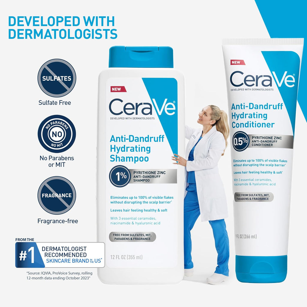 CeraVe Hydrating Anti Dandruff Shampoo. Itchy Scalp Treatment. 12oz | Helps Eliminate Flakes with 1% Pyrithione Zinc. Hyaluronic Acid. Niacinamide and Ceramides In A Sulfate Free Formula