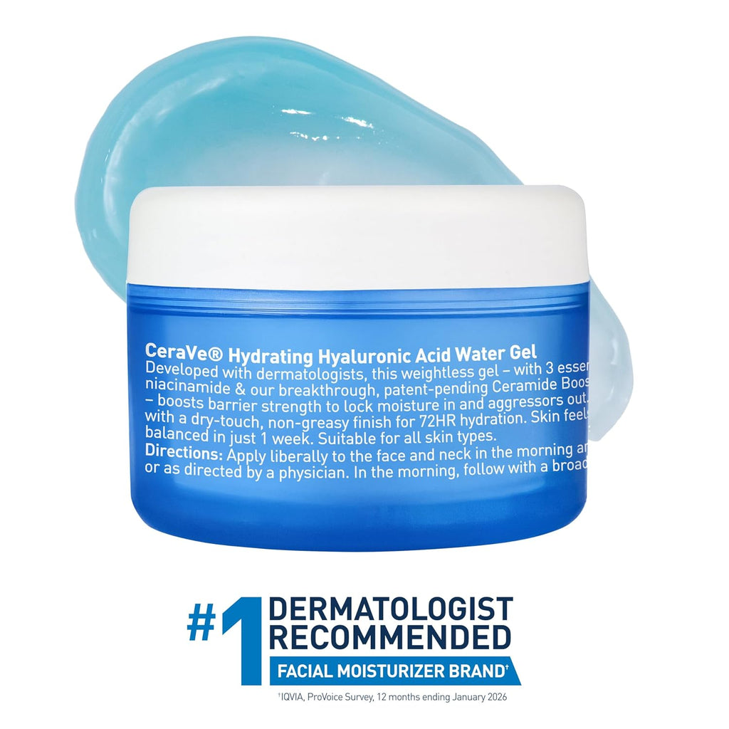 CeraVe Hydrating Hyaluronic Acid Water Gel Moisturizer for Face. 1.7oz | Lightweight Water Gel with Ceramides. Niacinamide and Hyaluronic Acid For Plumping Hydration. Safe For Sensitive Skin