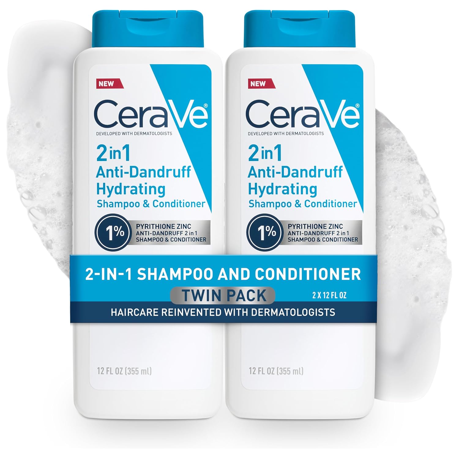 CeraVe 2 In 1 Hydrating Anti Dandruff Shampoo And Conditioner. 12 Fl Oz | 1% Pyrithione Zinc Dandruff Treatment Helps Eliminate Flakes and Relieve Itchy Scalp In A Sulfate-Free. Color-Safe Formula