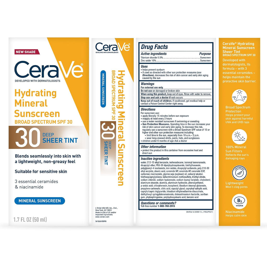 CeraVe Tinted Sunscreen for Face. Mineral SPF 30 Moisturizer. Deep. 1.7oz | Skin Care. Face Sunscreen. Hyaluronic Acid. Zinc Oxide. Titanium Dioxide. Sheer Tint. Healthy Glow. Blends Seamlessly