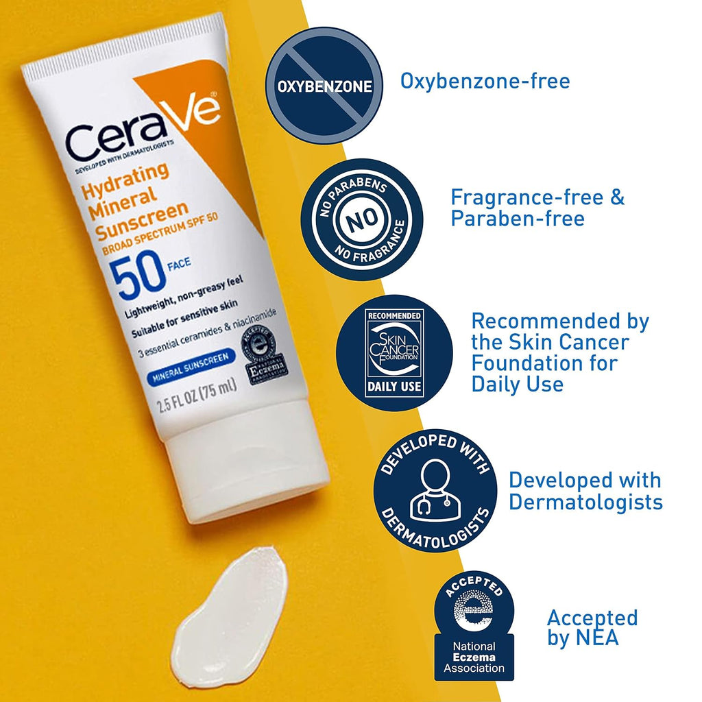 CeraVe Hydrating Mineral Sunscreen SPF 50 Face Sunscreen. Travel Size 2.5oz | Face Sunscreen with Zinc Oxide. Titanium Dioxide. Hyaluronic Acid. & Niacinamide For Broad Spectrum Protection