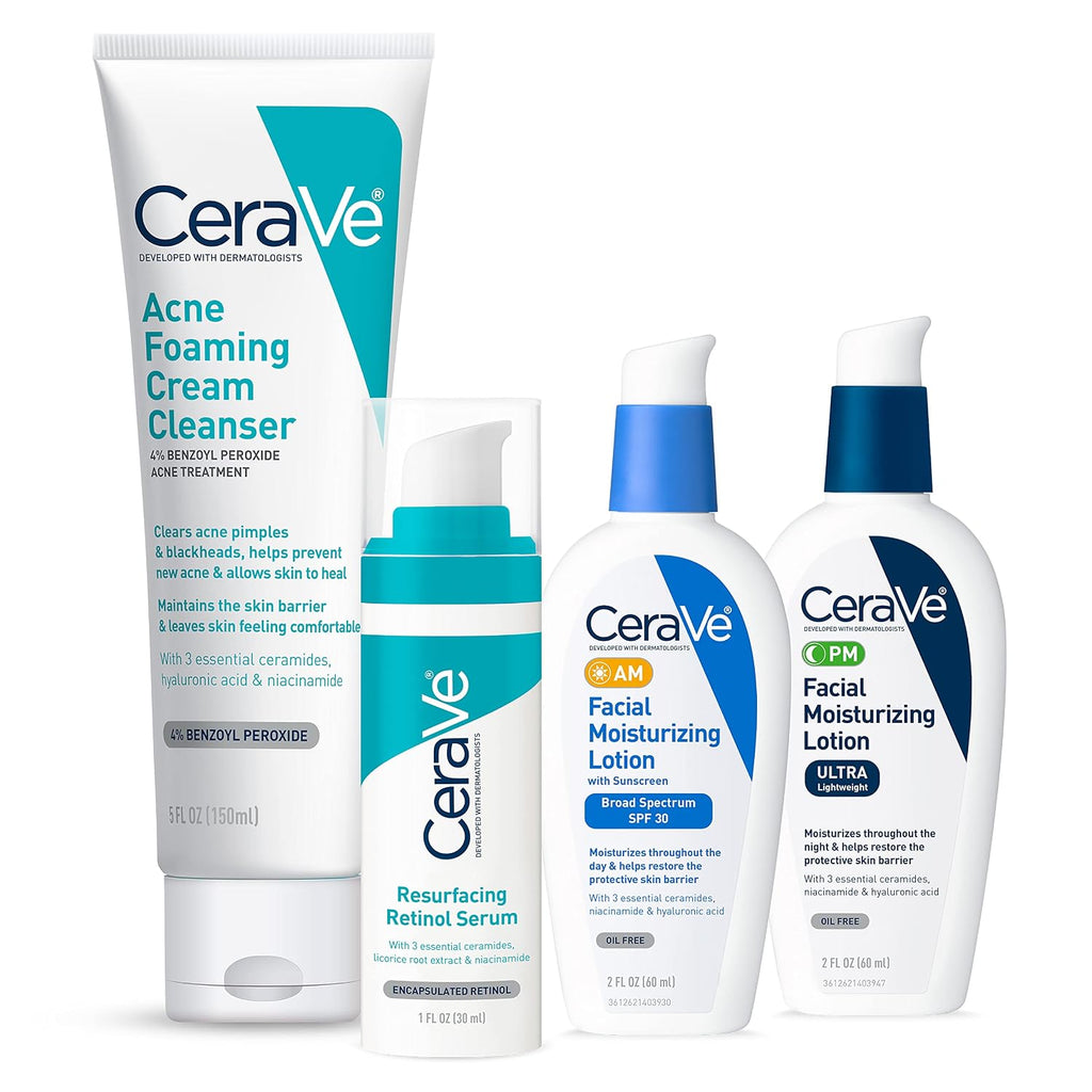 CeraVe Acne Skin Care Set. Foaming Cleanser + Retinol Serum + AM&PM Lotion | 5oz Acne Foaming Cream Cleanser + 1oz Resurfacing Retinol Serum + 2oz AM SPF 30 Lotion + 2oz PM Facial Moisturizing Lotion