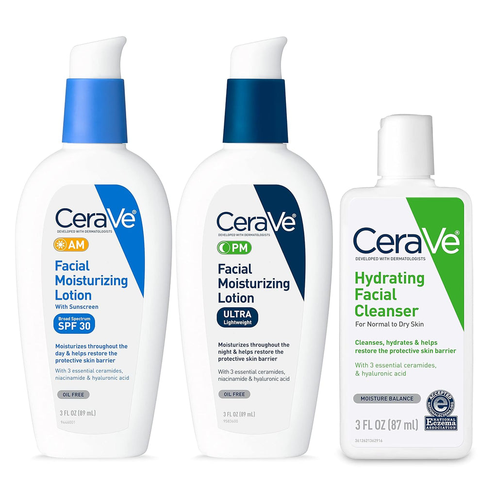 CeraVe Skin Care Set. Face Wash + AM & PM Face Moisturizer. Travel Size | Includes AM SPF Moisturizer. PM Face Lotion and Hydrating Face Wash For A Morning and Night Skincare Routine