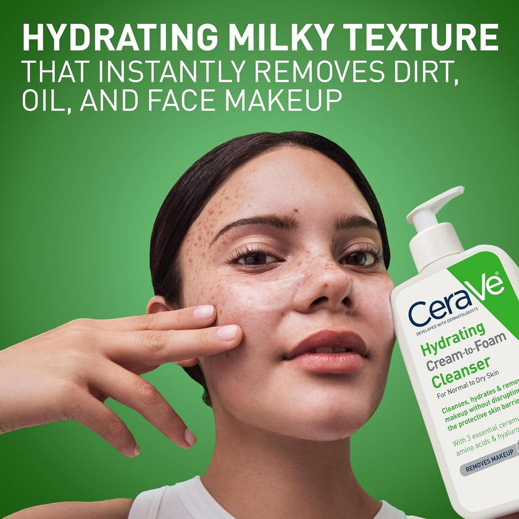 CeraVe Hydrating Cream To Foam Cleanser. Face Wash for Dry Skin. 19oz | Skin Care with Hyaluronic Acid. Makeup Remover. Facial Cleanser. Fragrance-Free. Non-Comedogenic. For Normal To Dry Skin